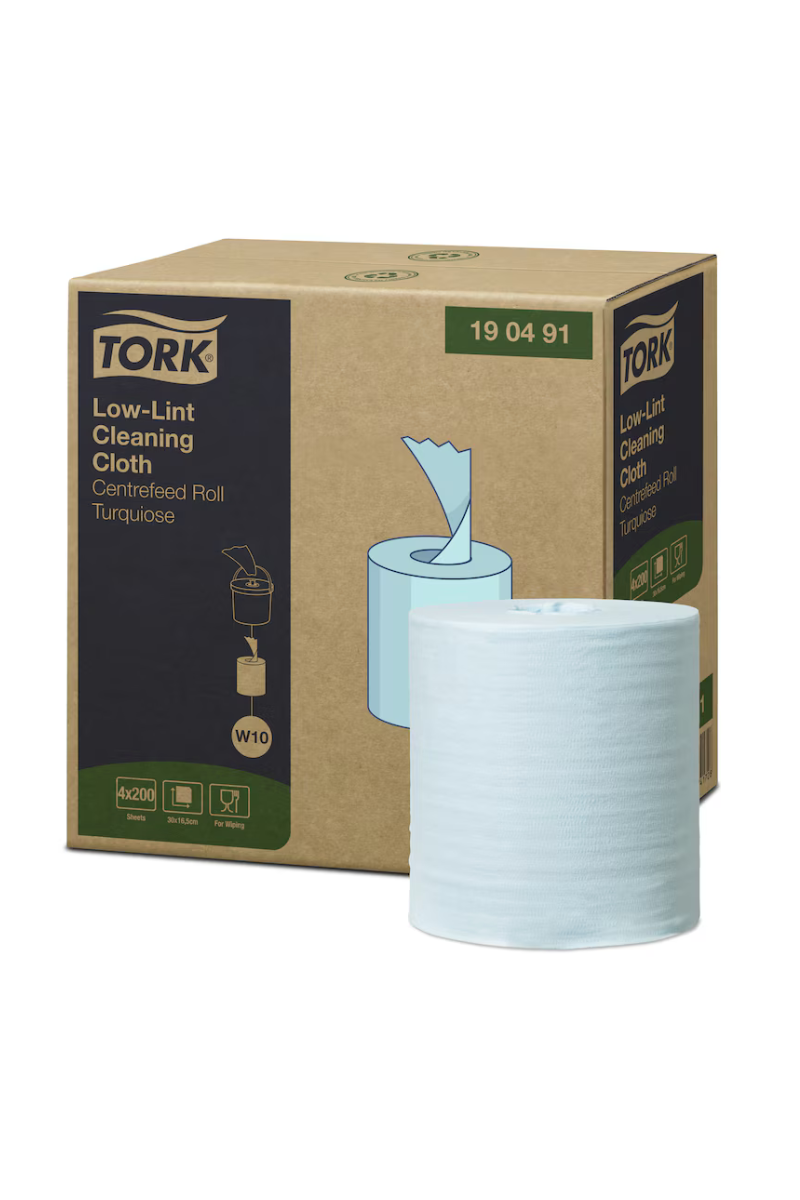 Lavete industriale fără scame Low-Lint, Tork, 60m/rolă, 200 buc/rolă, 4 role/bax, W10, turcoaz - 190491