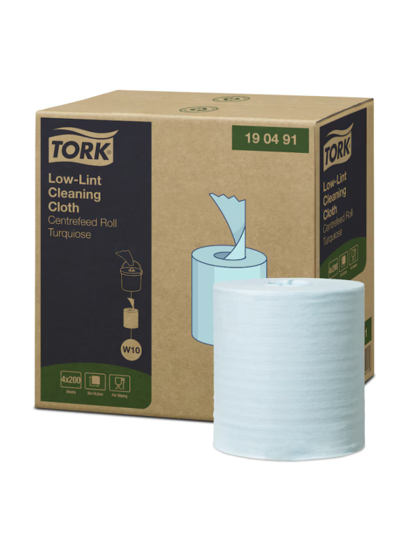 Lavete industriale fără scame Low-Lint, Tork, 60m/rolă, 200 buc/rolă, 4 role/bax, W10, turcoaz - 190491