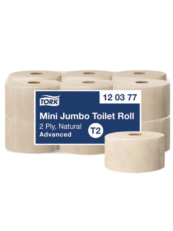 Hârtie igienică mini,Tork, Jumbo Advanced Natur, dublu strat, 170m/rolă, 850 porții, (12 role/bax) T2 - 120377