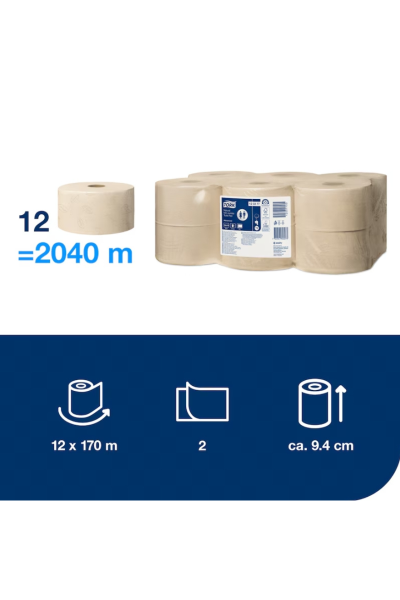 Hârtie igienică mini,Tork, Jumbo Advanced Natur, dublu strat, 170m/rolă, 850 porții, (12 role/bax) T2 - 120377