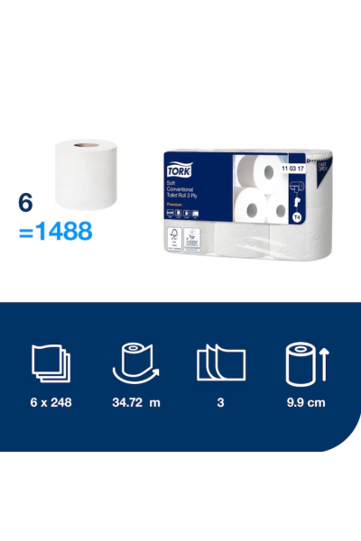  Hartie igienica Tork Soft premium T4 110317 Hartie igienica pentru bai si birouri Hartie igienica premium cu 3 straturi Thumbnail Thumbnail Thumbnail Descriere Oferiți confort oaspeților dumneavoastră cu hârtia igienică convențională Tork Soft,  creată p