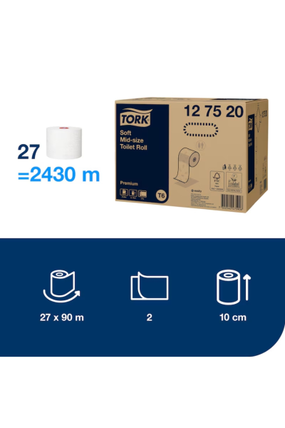 Hârtie igienică, Tork, Mid-size Premium D, albă, 2 straturi, 90 m/rolă (27 role/bax), T6 – 127520